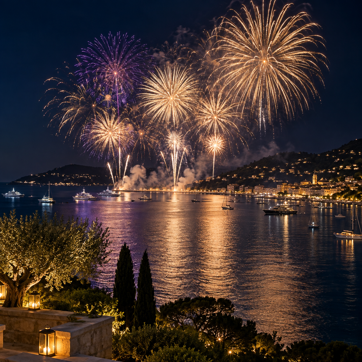 Feu d’artifice de nuit au-dessus de la mer dans une ambiance inspirée de la baie de Saint-Tropez