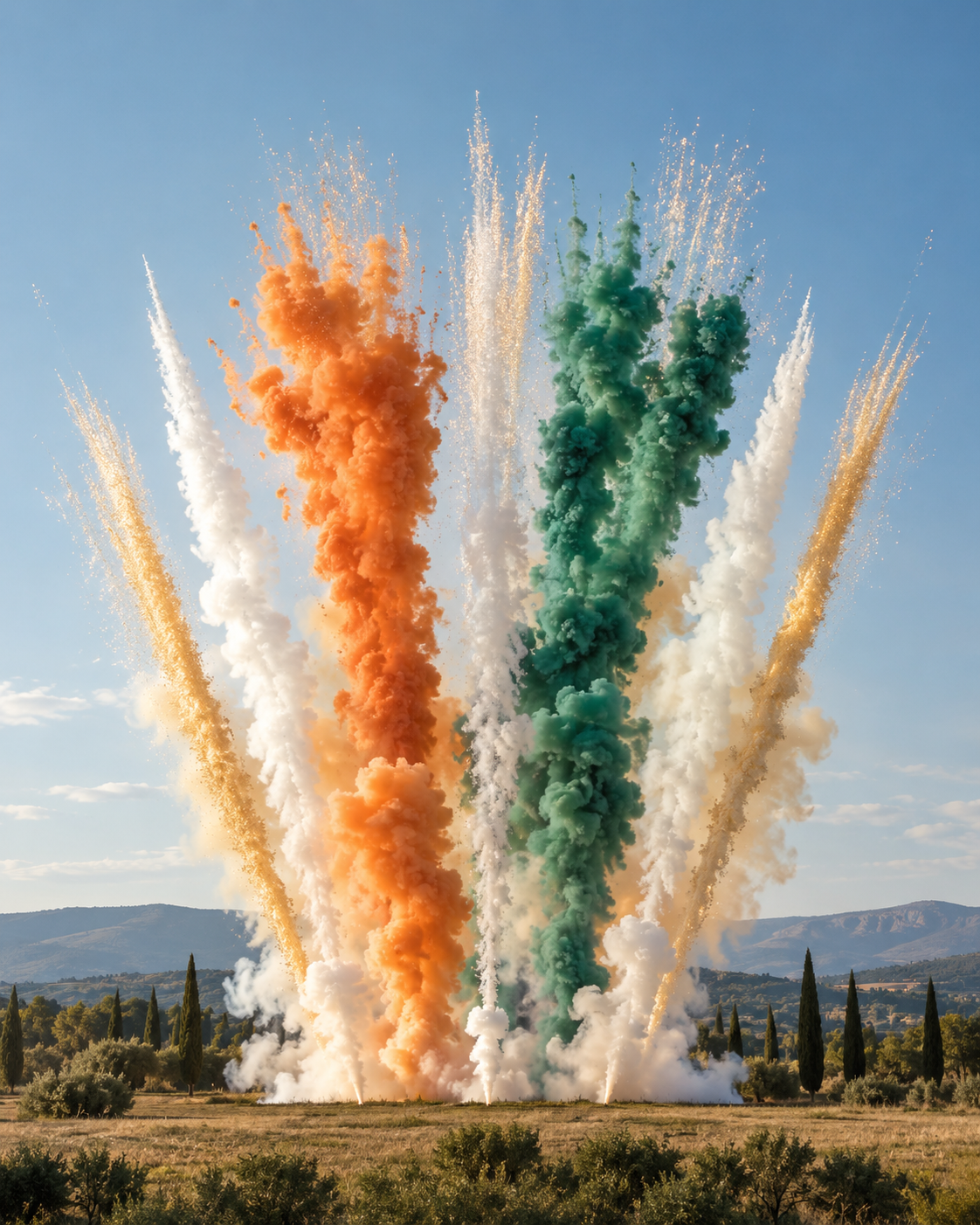 Feu d’artifice de jour aux fumées orange, vertes et blanches en Provence